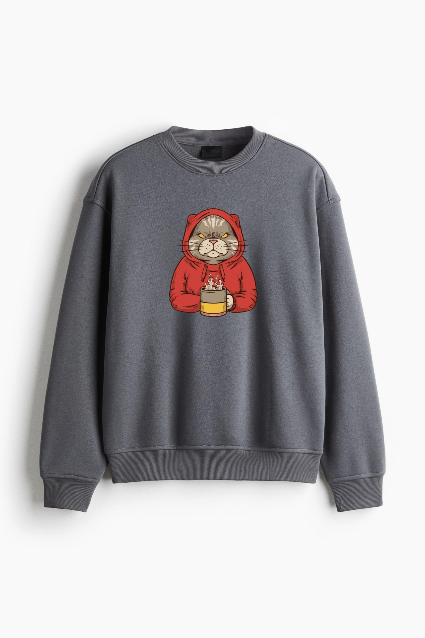 Cat In A Red Hoodie Holding A Cup Of Coffee Regular Fit Printed Sweatshirt - Image 2
