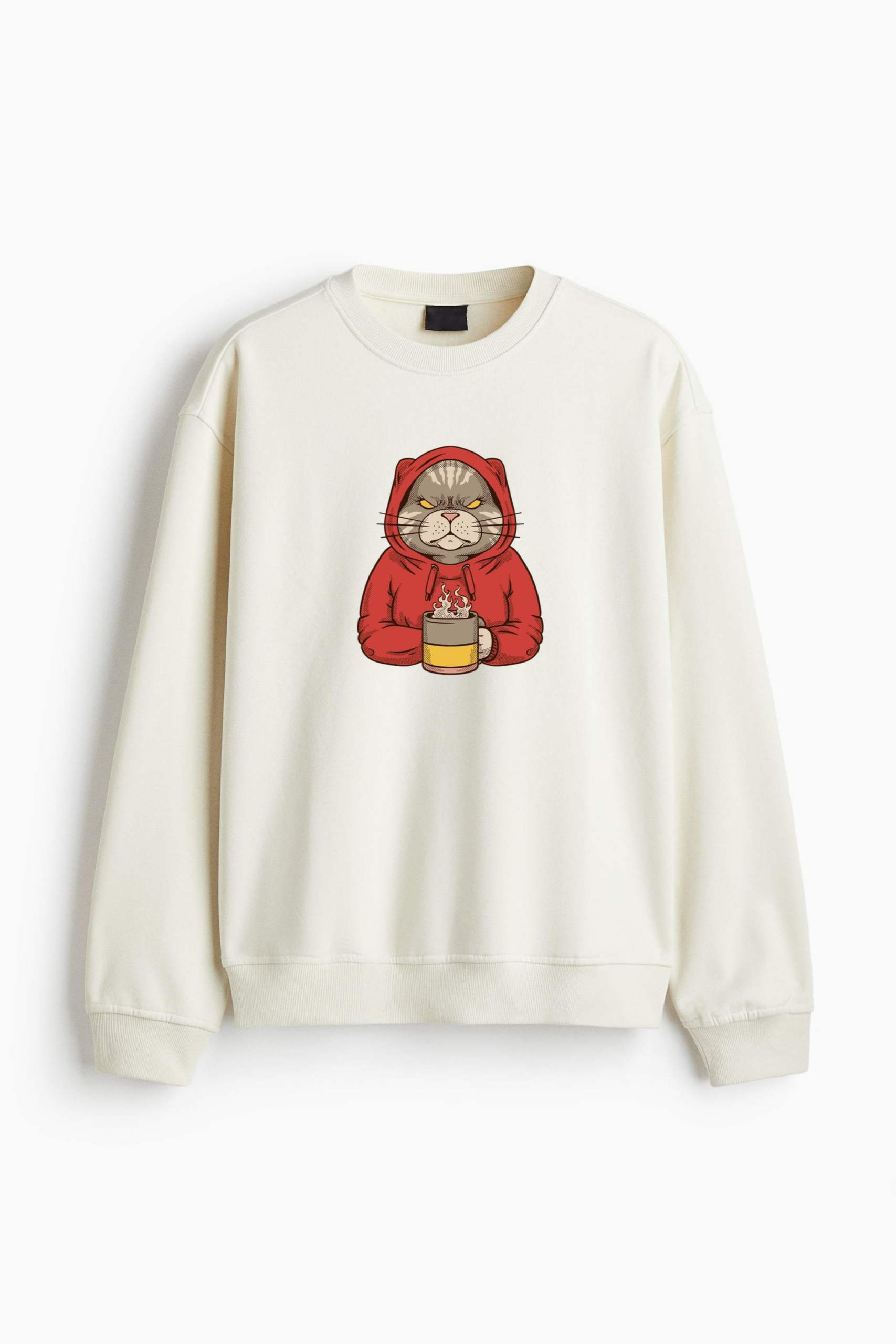 Cat In A Red Hoodie Holding A Cup Of Coffee Regular Fit Printed Sweatshirt - Image 4