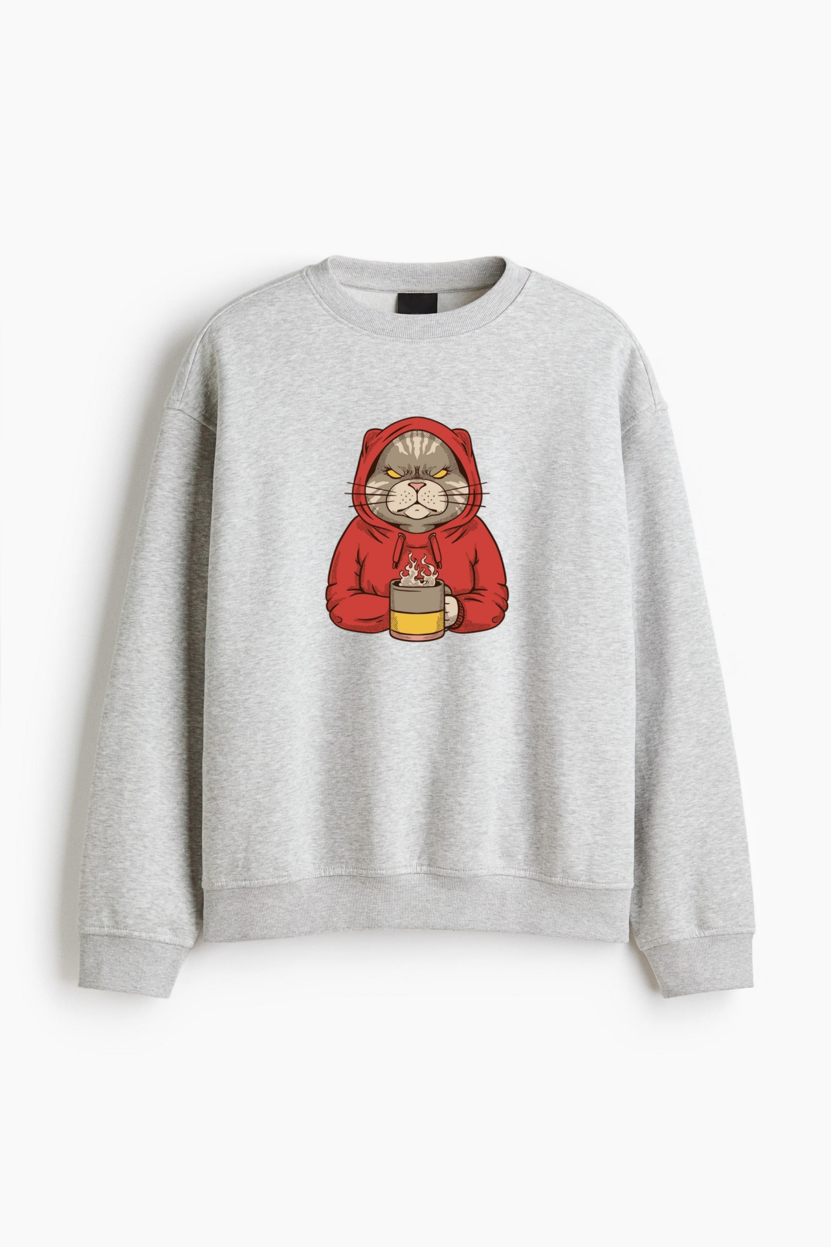 Cat In A Red Hoodie Holding A Cup Of Coffee Regular Fit Printed Sweatshirt 