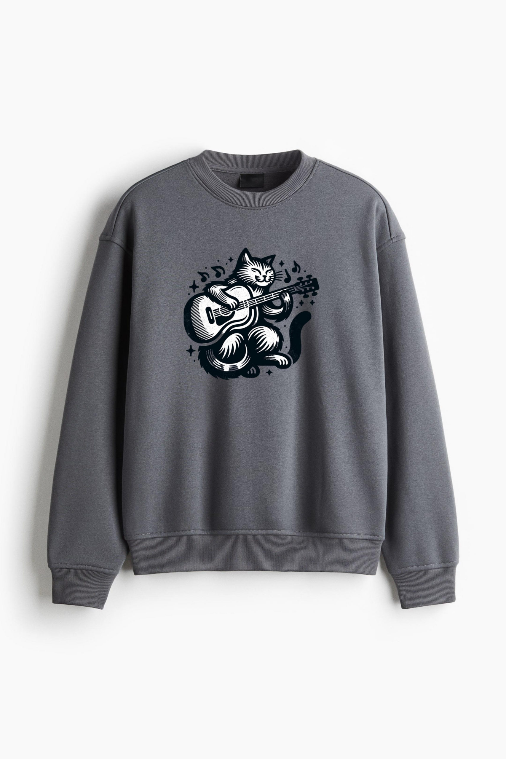 Cute Cat Guitarist T Shirt Design Regular Fit Printed Sweatshirt - Image 2