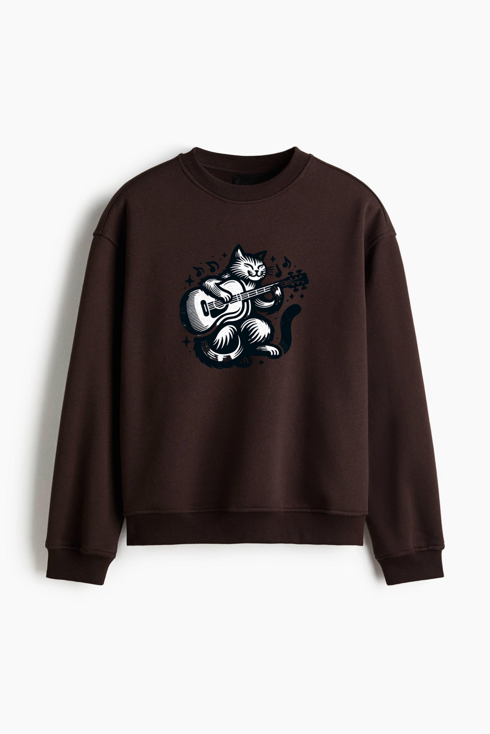 Cute Cat Guitarist T Shirt Design Regular Fit Printed Sweatshirt - Image 3
