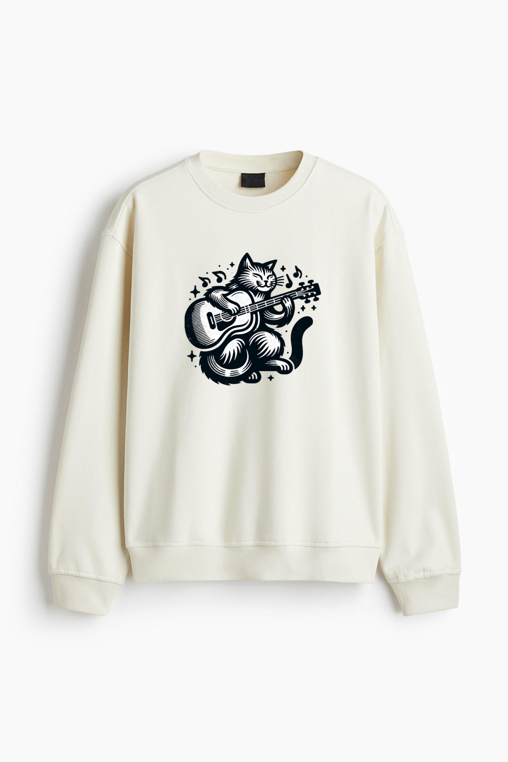 Cute Cat Guitarist T Shirt Design Regular Fit Printed Sweatshirt - Image 4