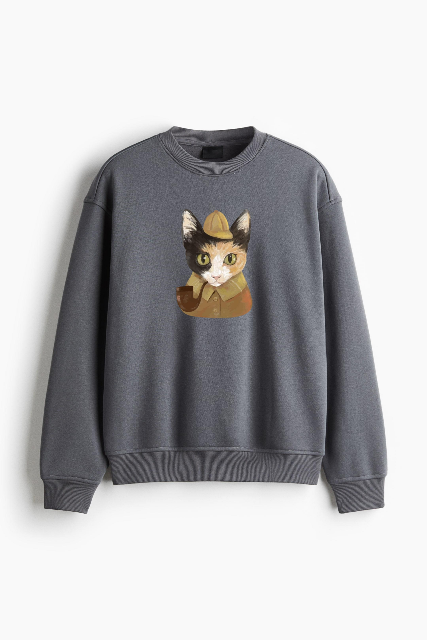 Detective Cat Character Watercolor Regular Fit Printed Sweatshirt - Image 2
