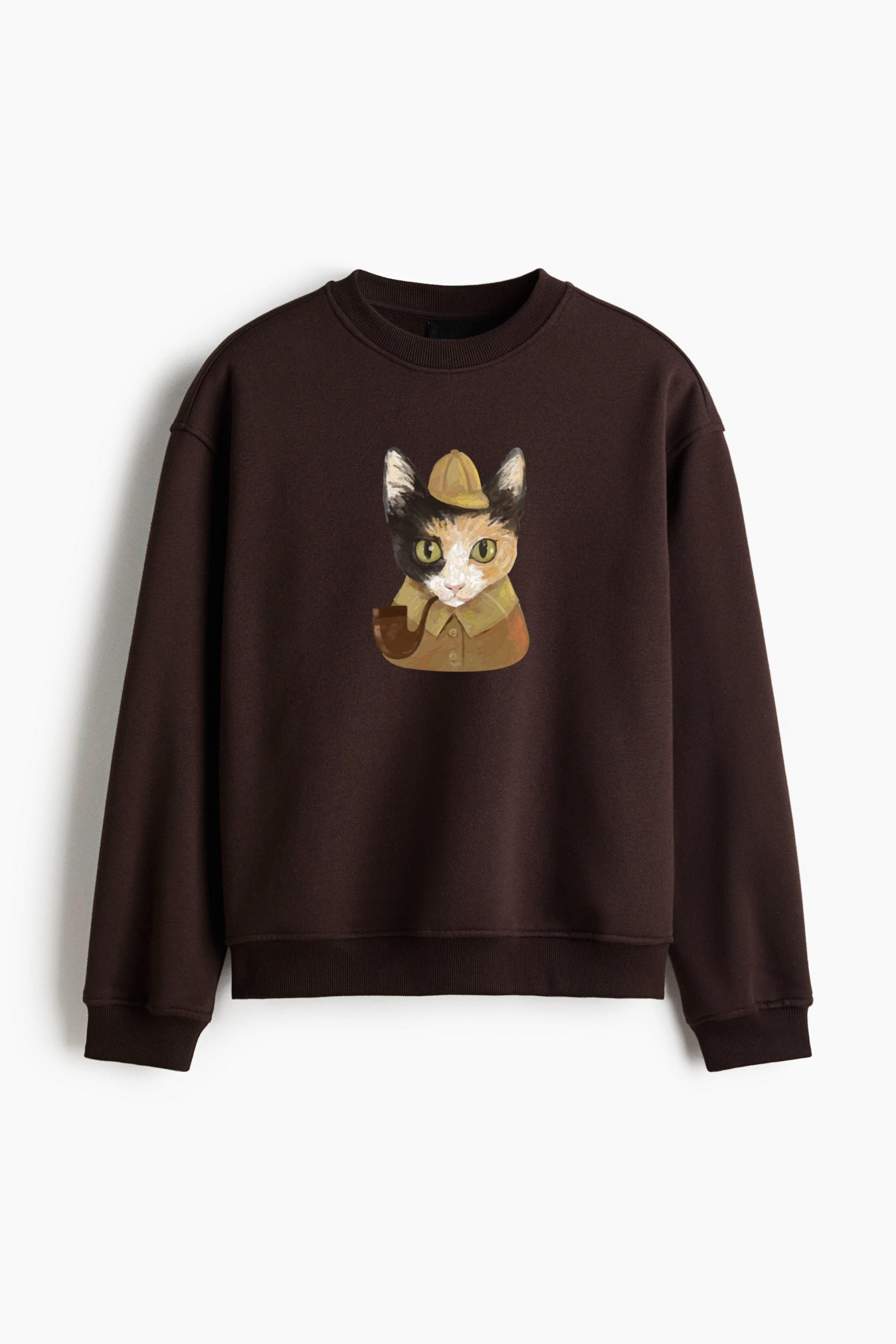Detective Cat Character Watercolor Regular Fit Printed Sweatshirt - Image 3