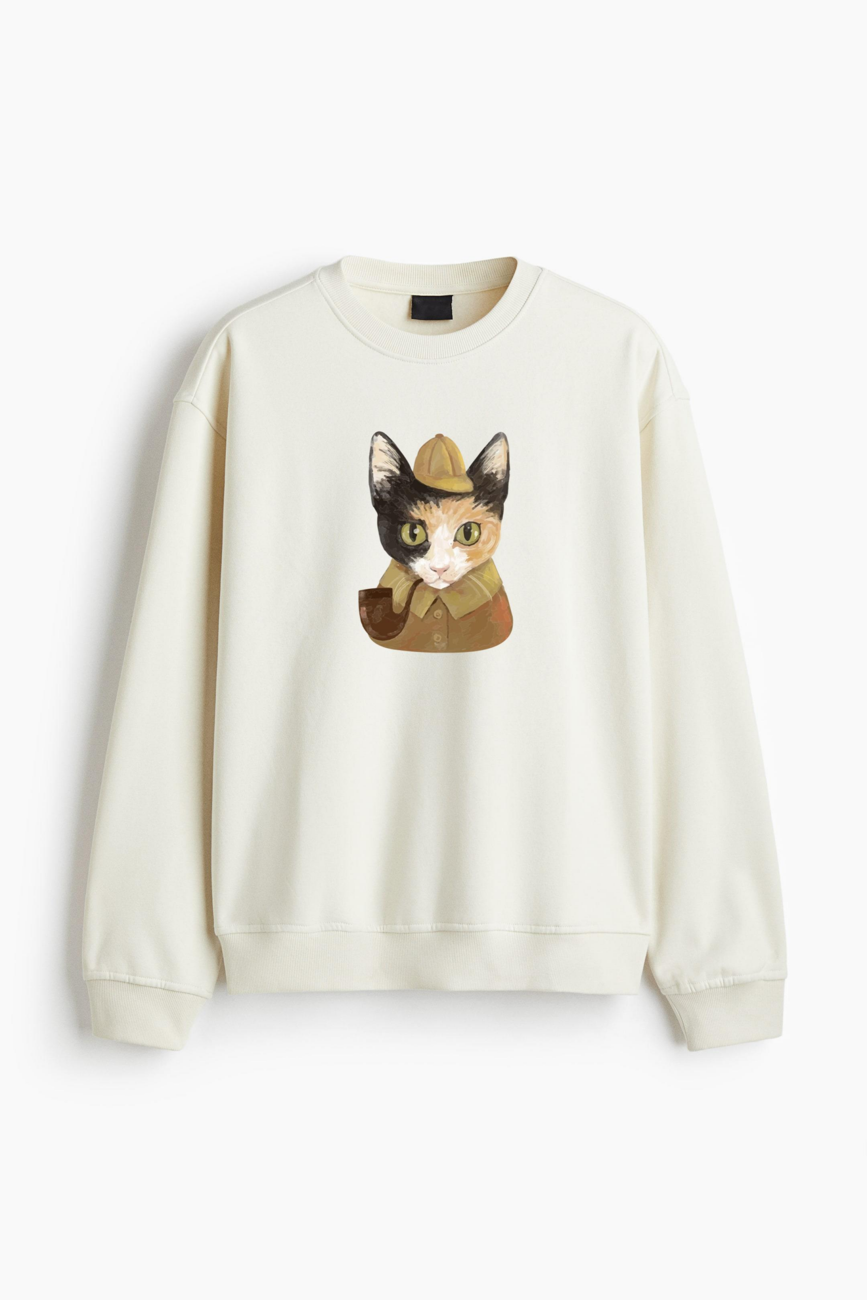 Detective Cat Character Watercolor Regular Fit Printed Sweatshirt - Image 4