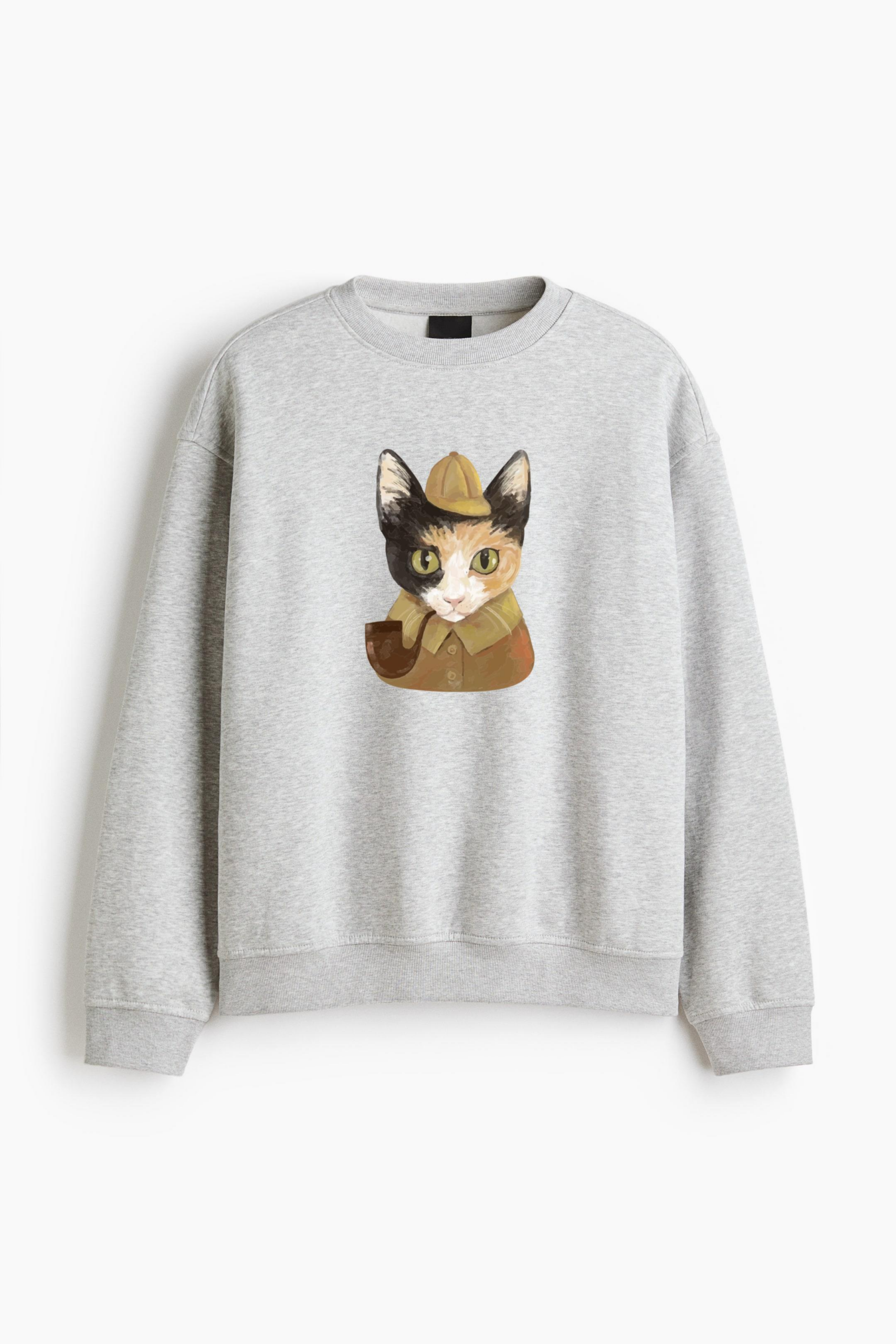 Detective Cat Character Watercolor Regular Fit Printed Sweatshirt 
