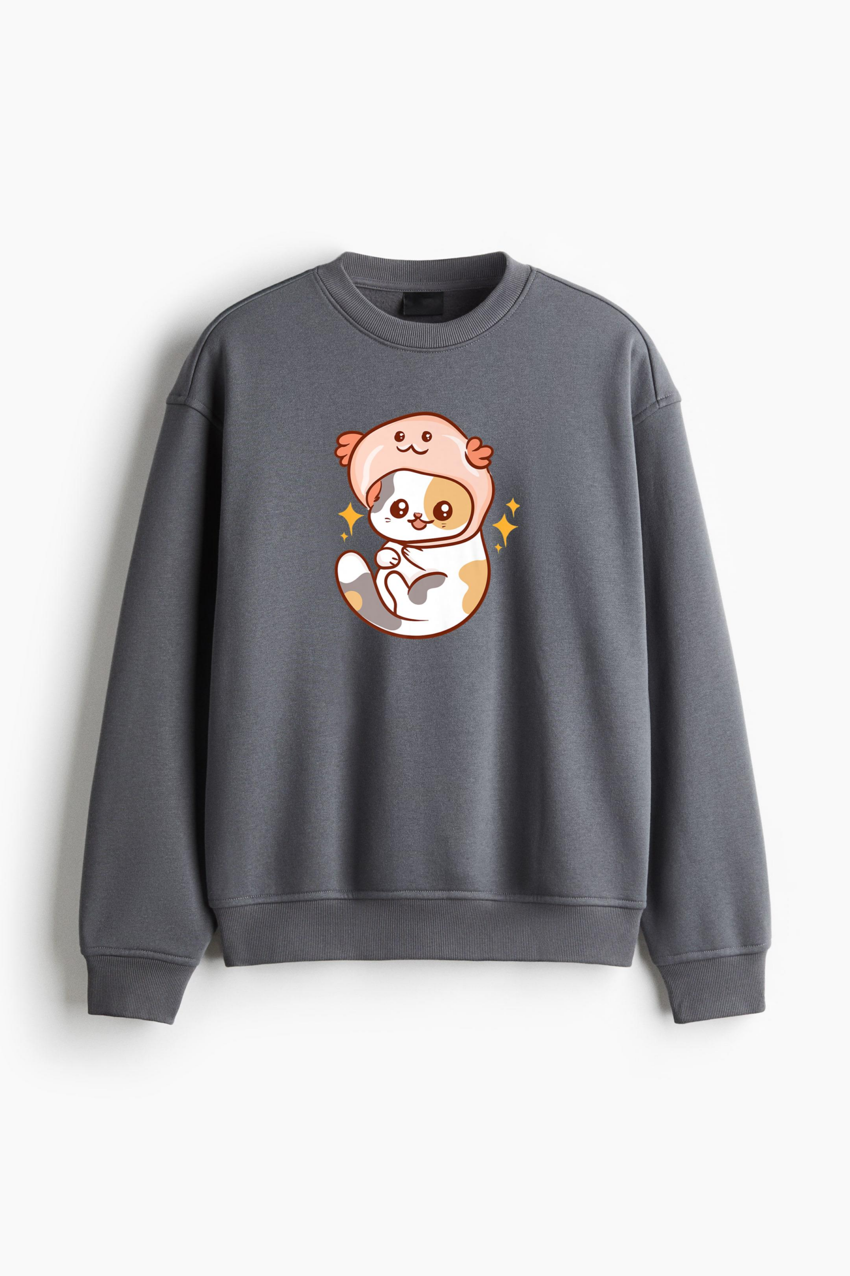 Kawaii Anime Cat With Axolotl Hat Regular Fit Printed Sweatshirt - Image 2