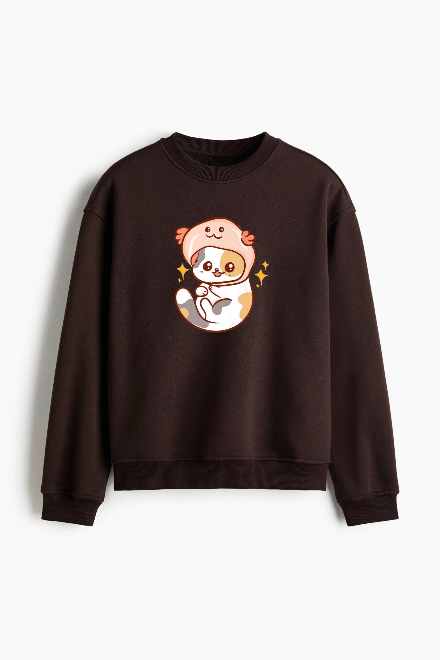 Kawaii Anime Cat With Axolotl Hat Regular Fit Printed Sweatshirt - Image 3