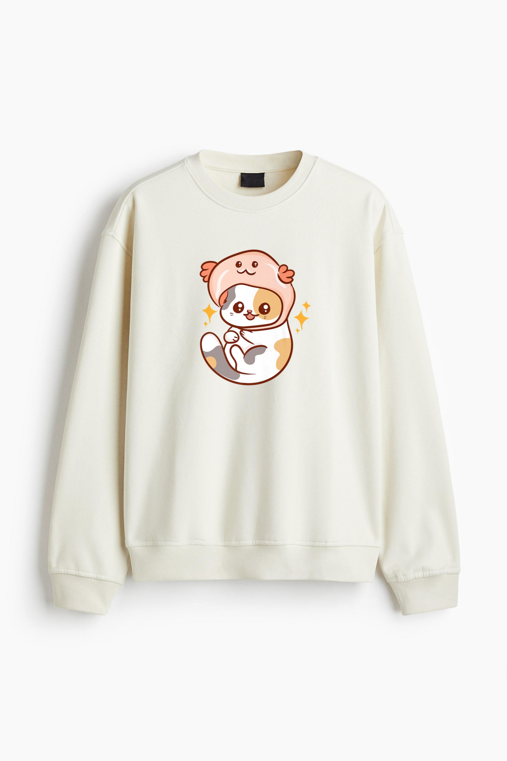 Kawaii Anime Cat With Axolotl Hat Regular Fit Printed Sweatshirt - Image 4