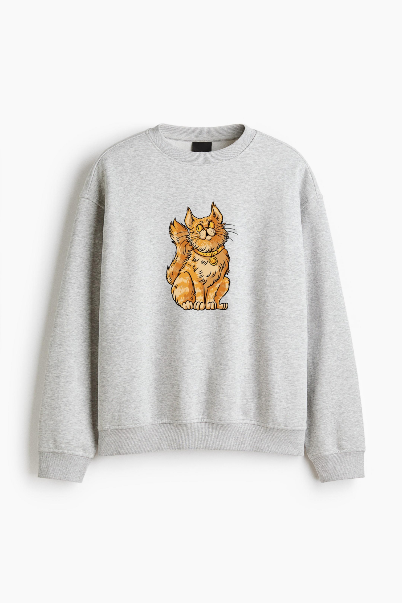 Orange Cat Sitting Regular Fit Printed Sweatshirt 