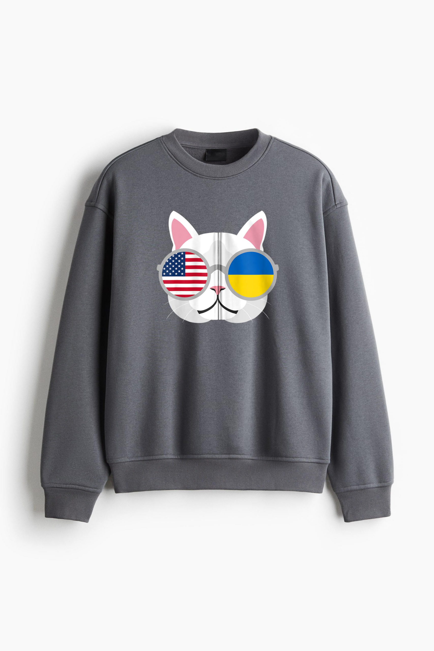 Proud Cat Ukraine USA Flag Regular Fit Printed Sweatshirt - Image 2