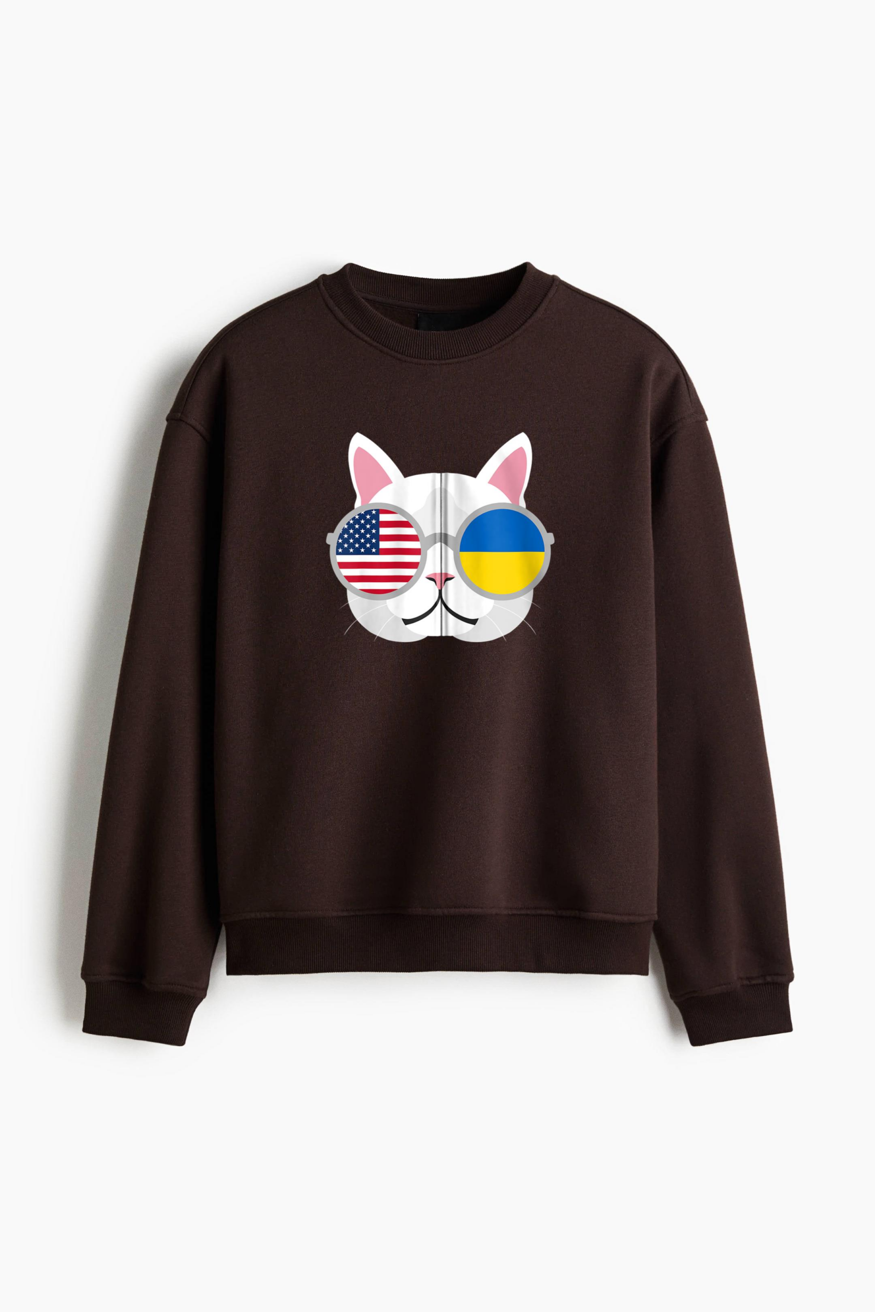 Proud Cat Ukraine USA Flag Regular Fit Printed Sweatshirt - Image 3