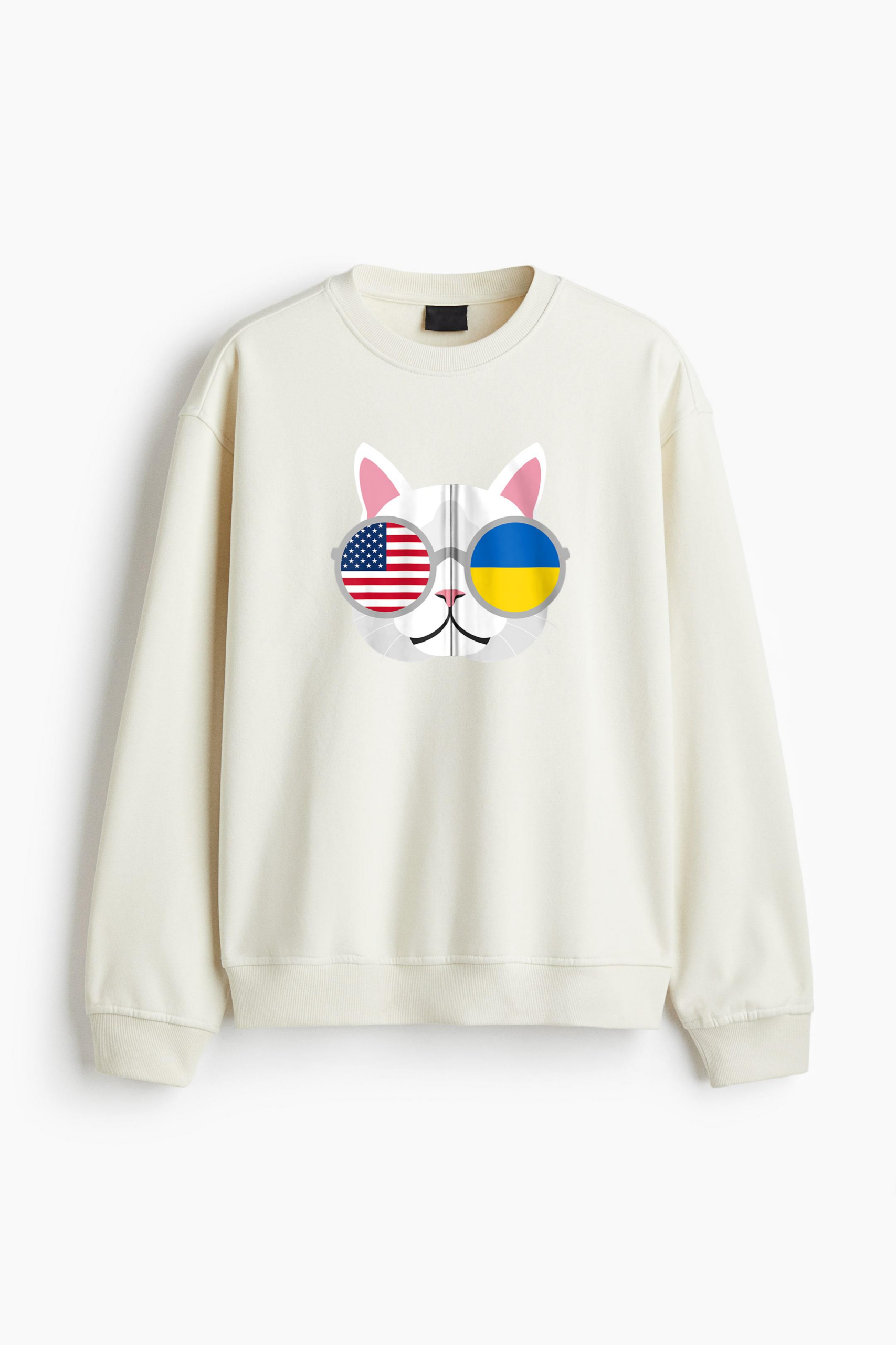 Proud Cat Ukraine USA Flag Regular Fit Printed Sweatshirt - Image 4