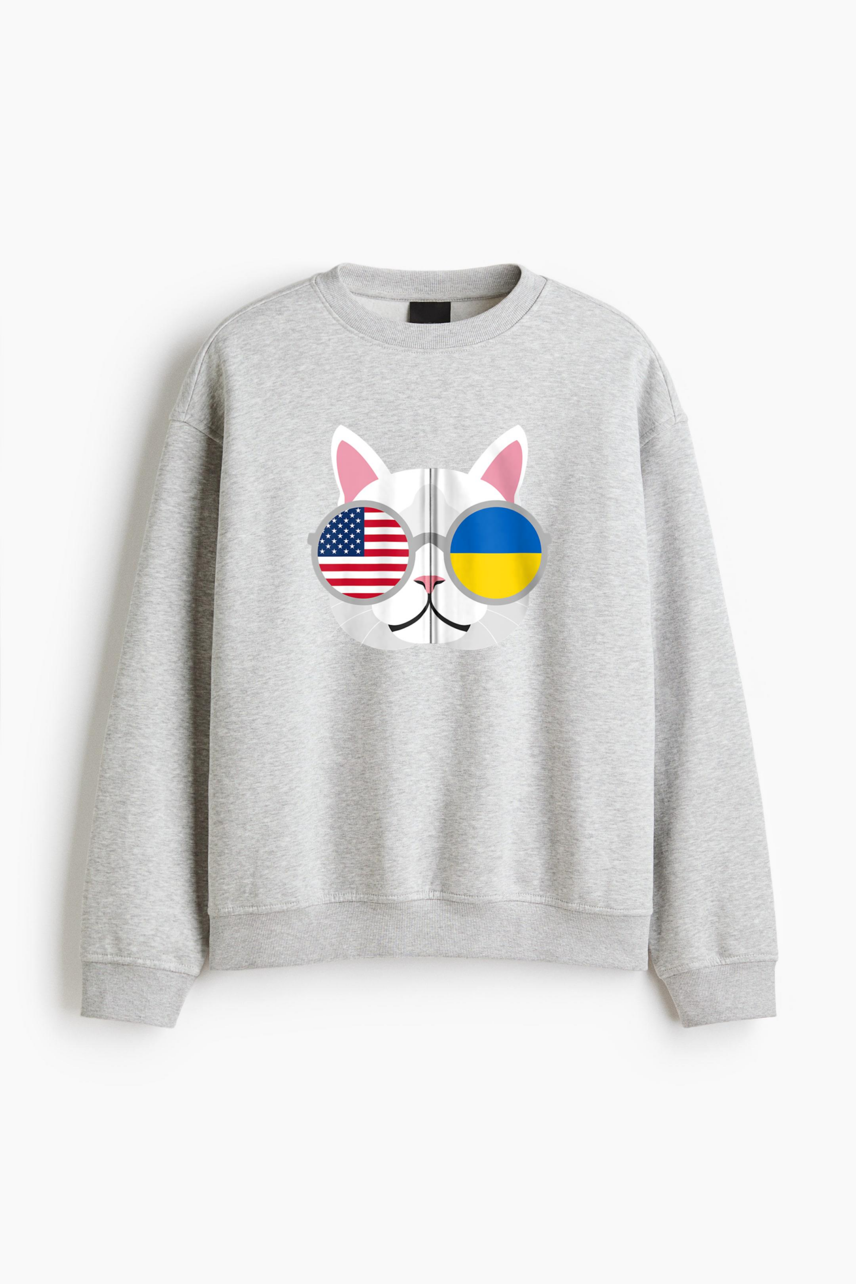 Proud Cat Ukraine USA Flag Regular Fit Printed Sweatshirt 