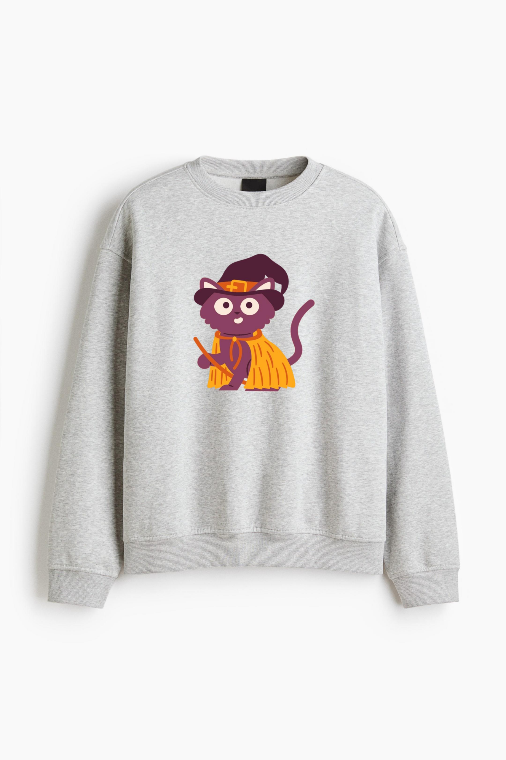 Purple Cat With A Witchs Hat And Broom Regular Fit Printed Sweatshirt 