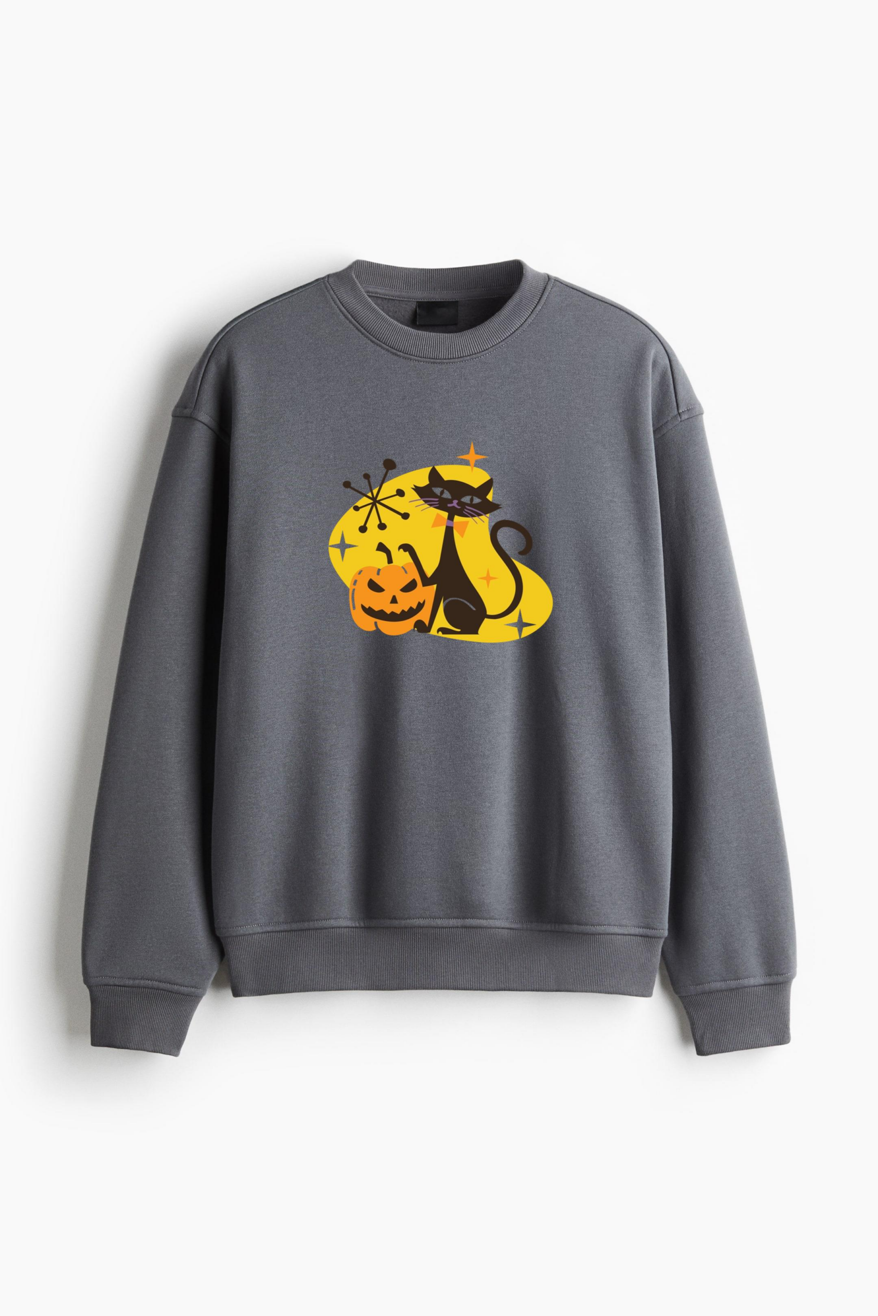 Spooky Pumpkin Black Cat Regular Fit Printed Sweatshirt - Image 2