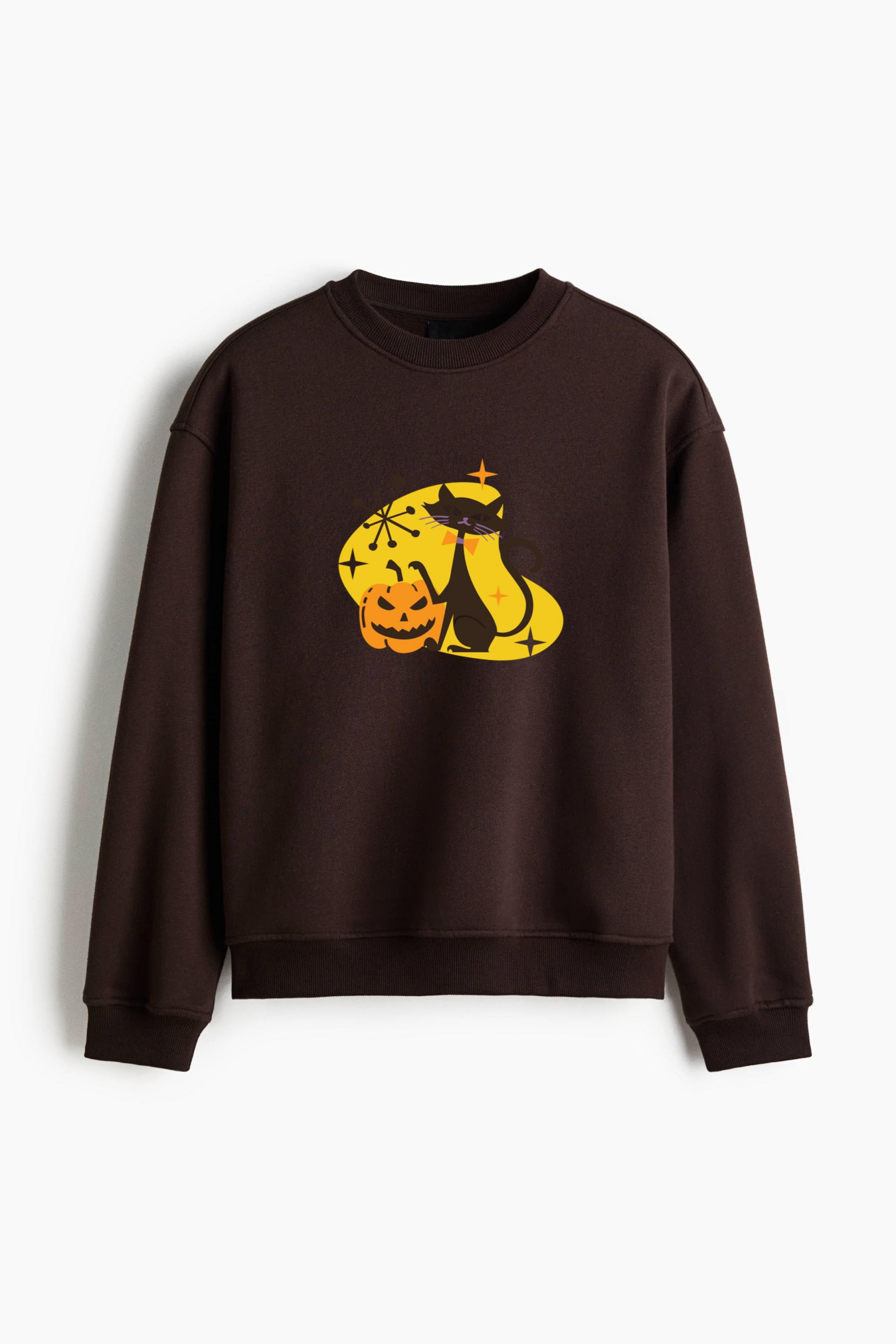 Spooky Pumpkin Black Cat Regular Fit Printed Sweatshirt - Image 3