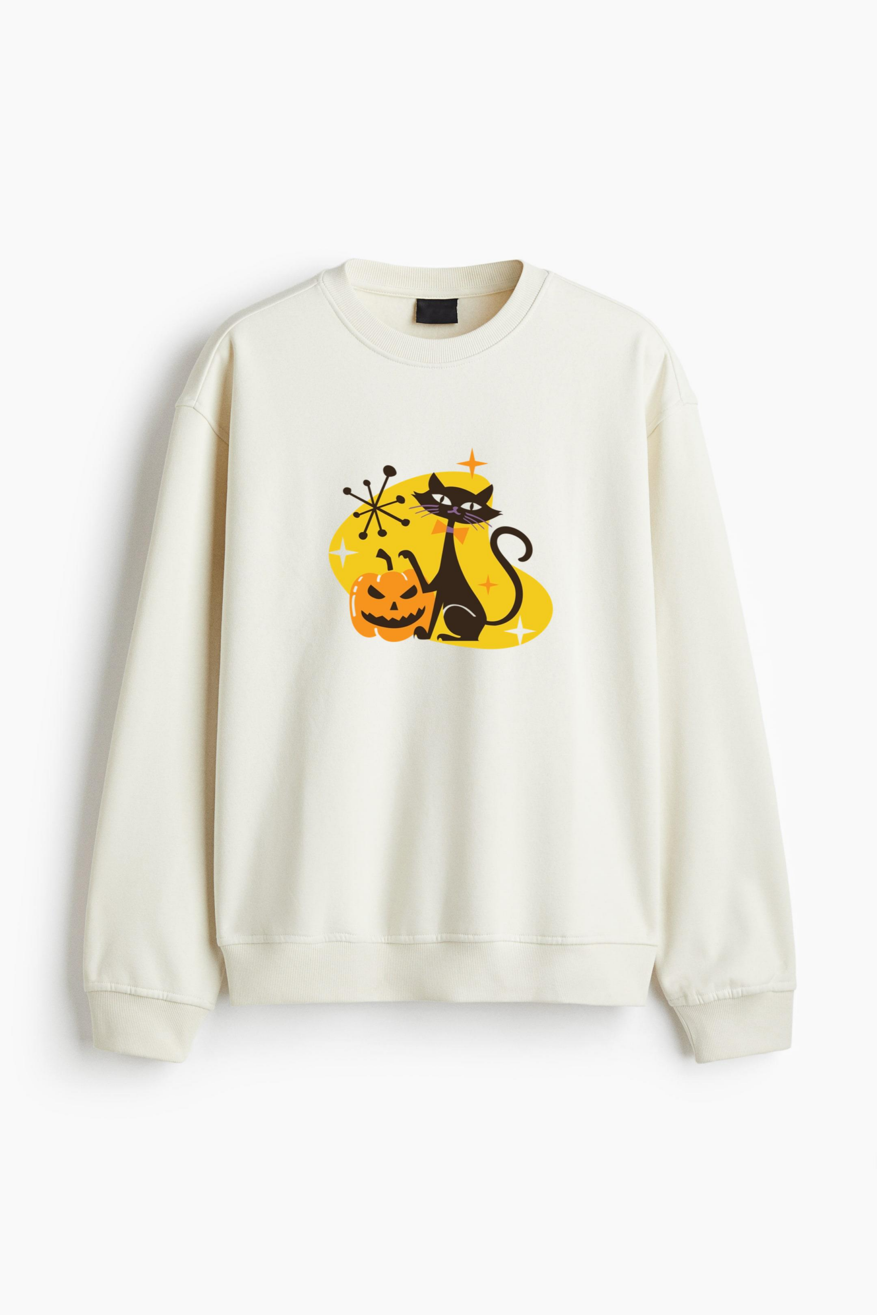 Spooky Pumpkin Black Cat Regular Fit Printed Sweatshirt - Image 4