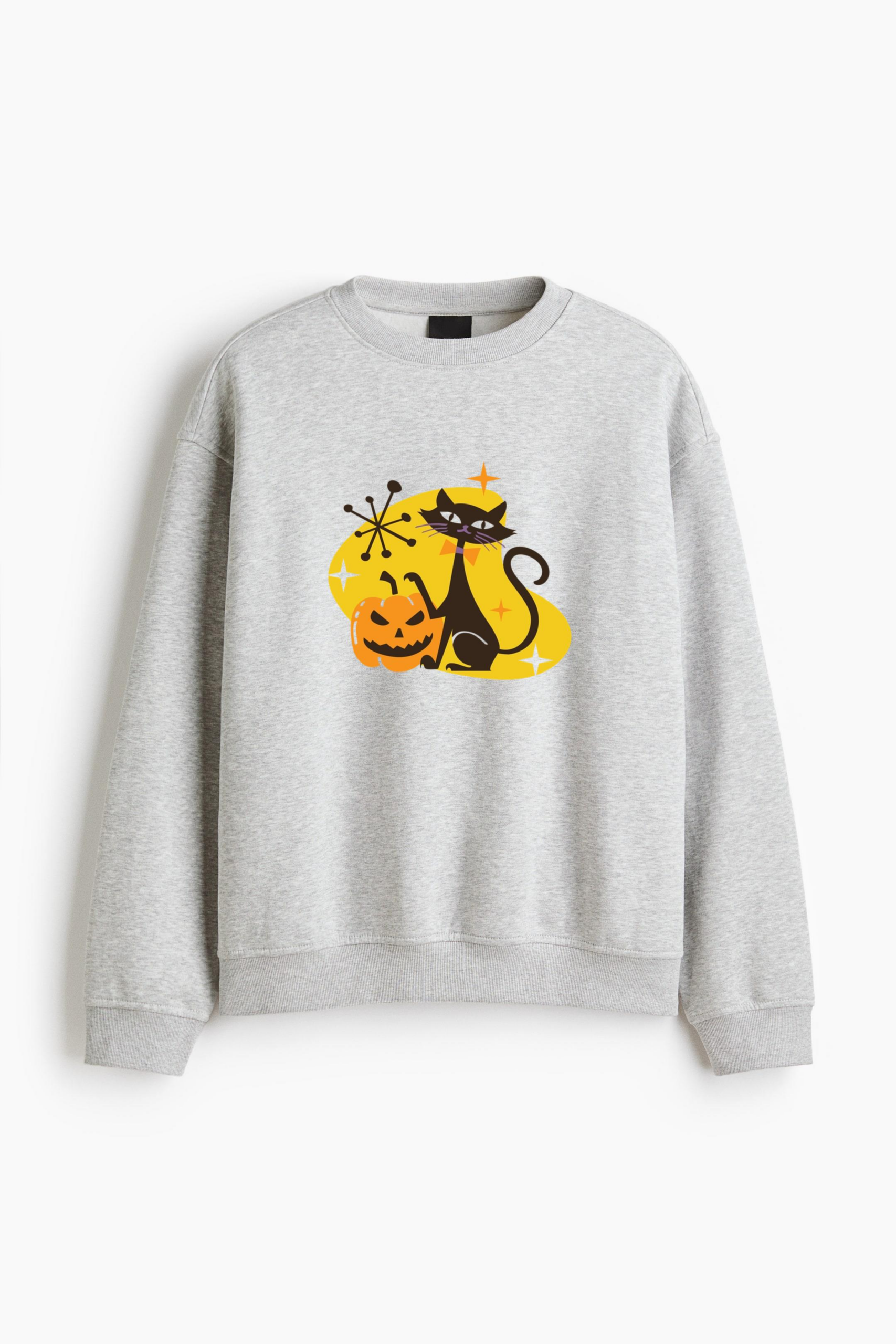 Spooky Pumpkin Black Cat Regular Fit Printed Sweatshirt 