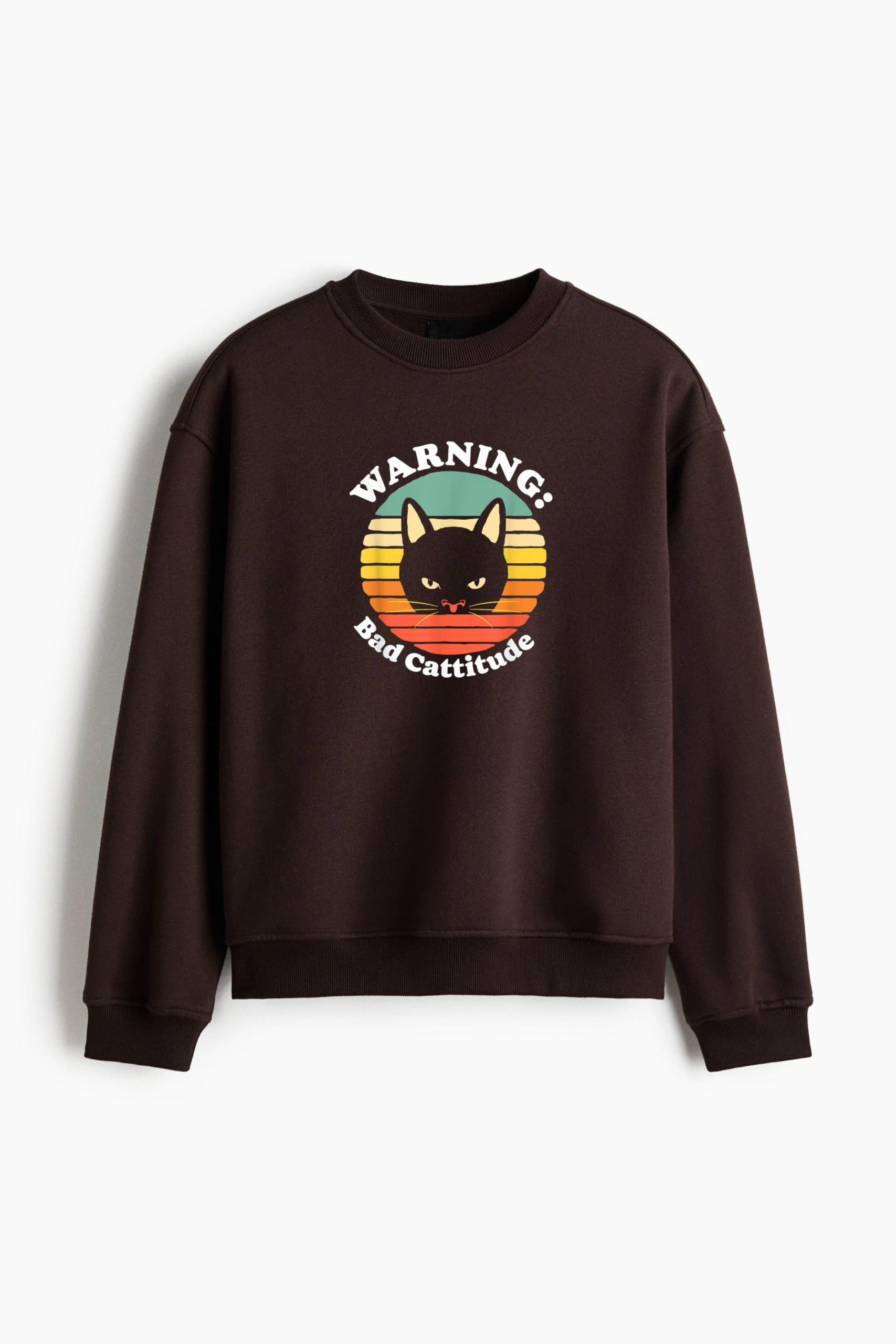 Warning Bad Cattitude Cat Sunset Retro Vintage Regular Fit Printed Sweatshirt - Image 3