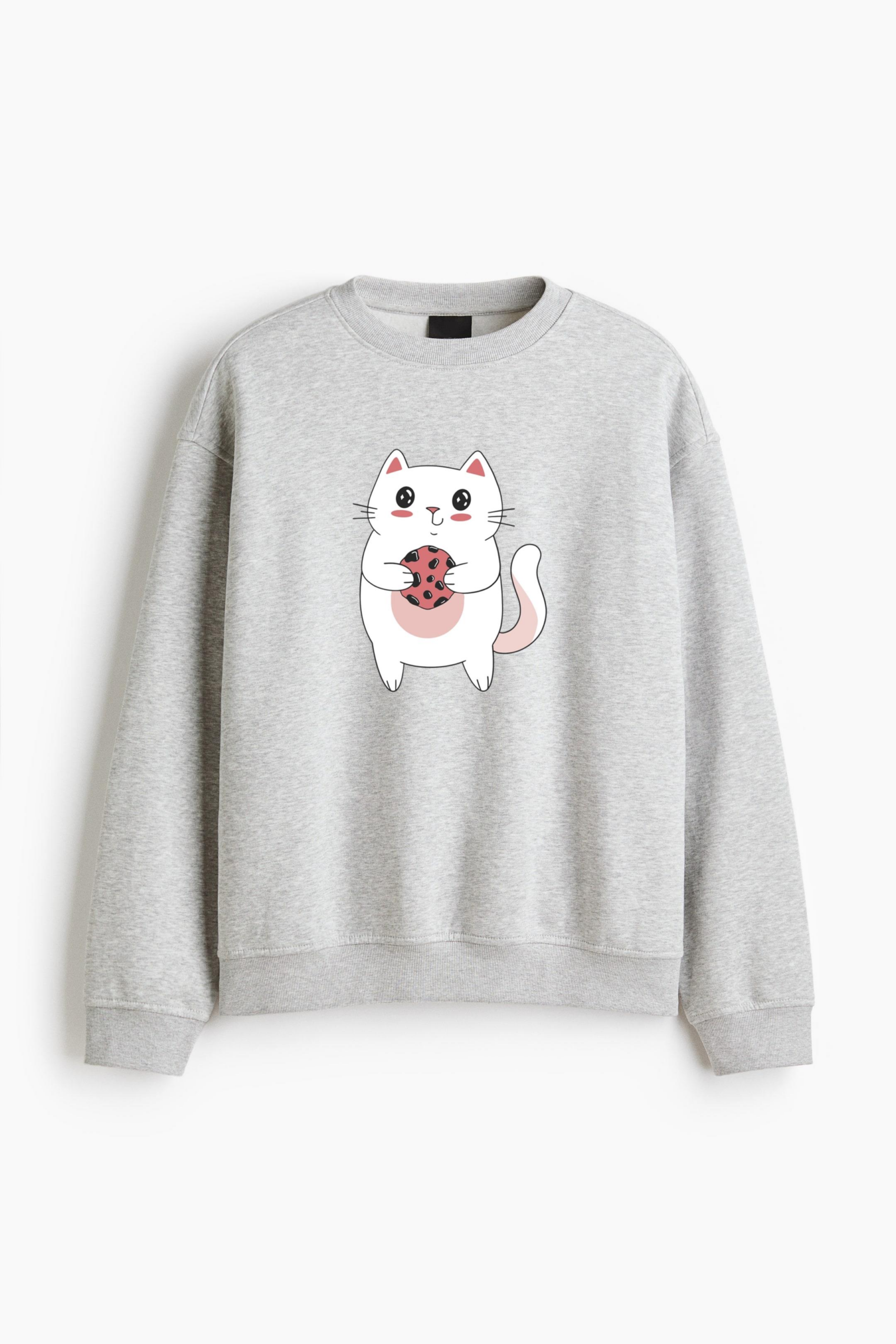 White Cat Holding A Cookie Regular Fit Printed Sweatshirt 