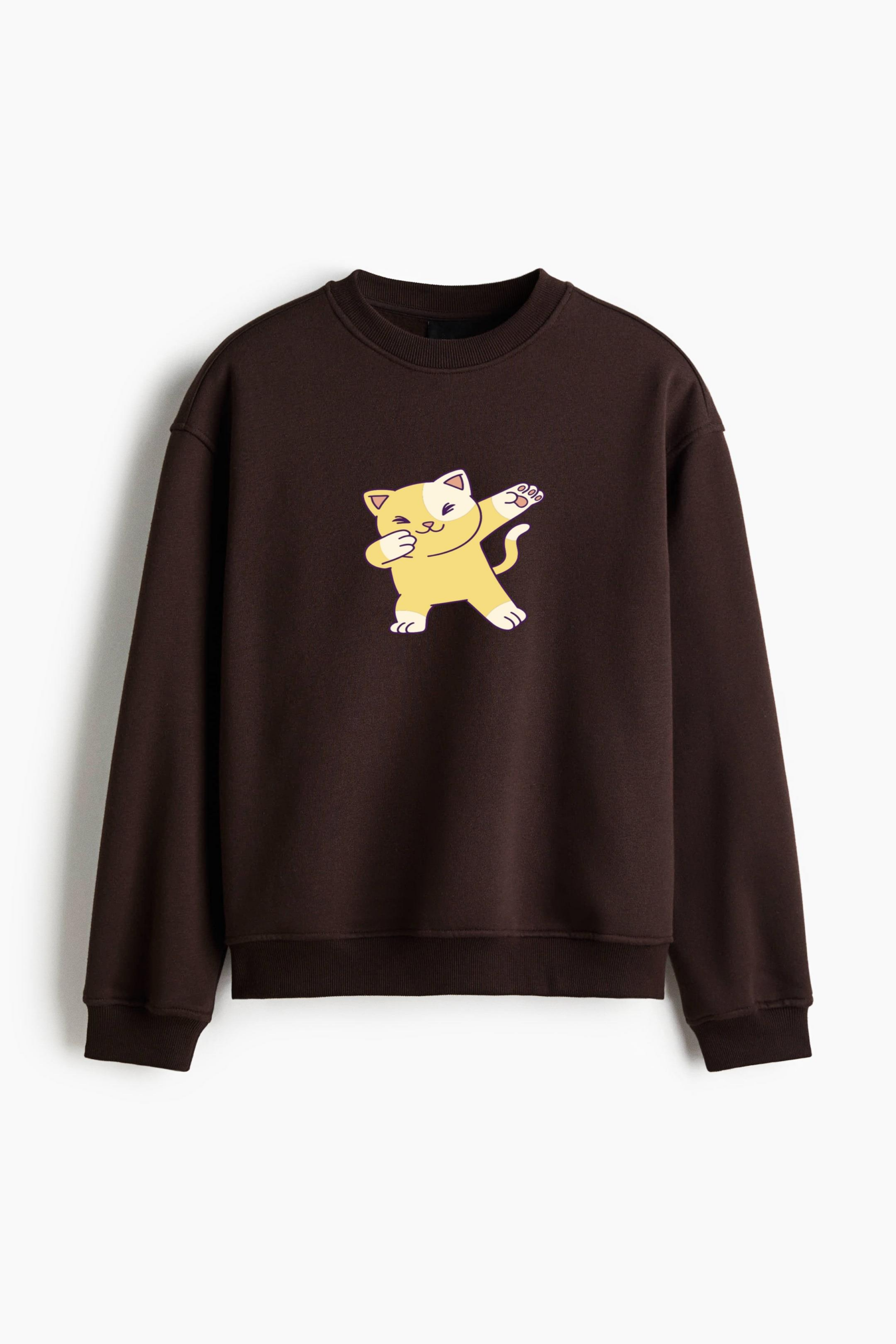 Yellow Cat With Paws Raised In The Air Regular Fit Printed Sweatshirt - Image 3
