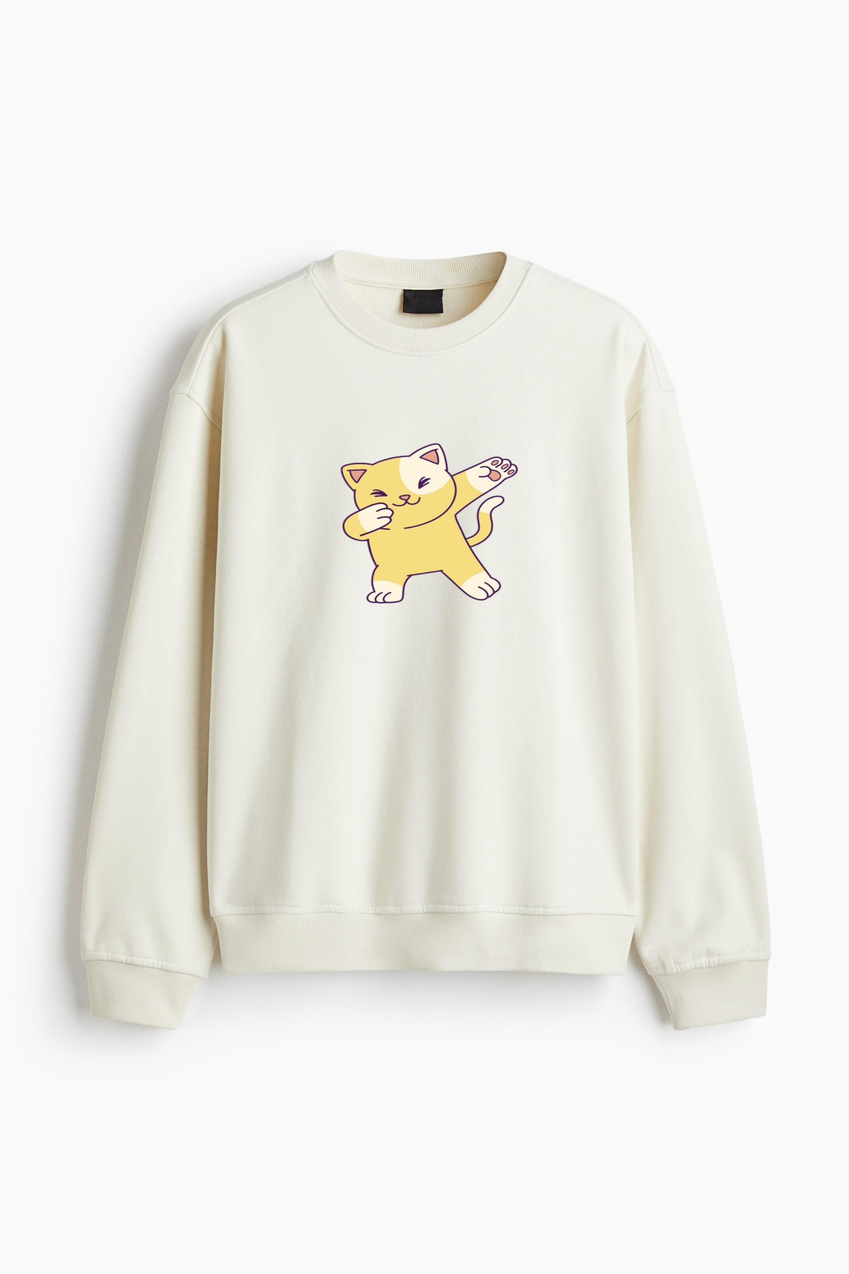 Yellow Cat With Paws Raised In The Air Regular Fit Printed Sweatshirt - Image 4